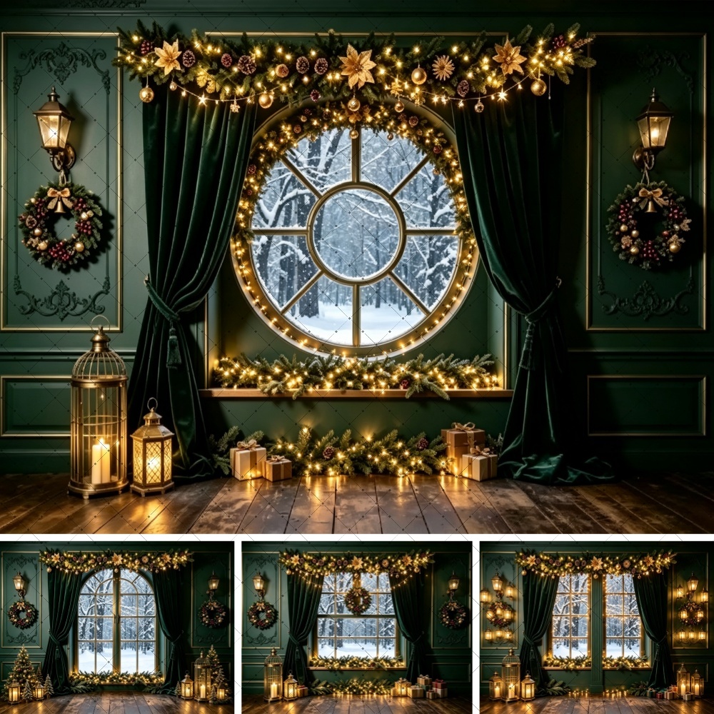 Photography Lighting For Portraits - Christmas Green Window Scene Backdrop Xmas
