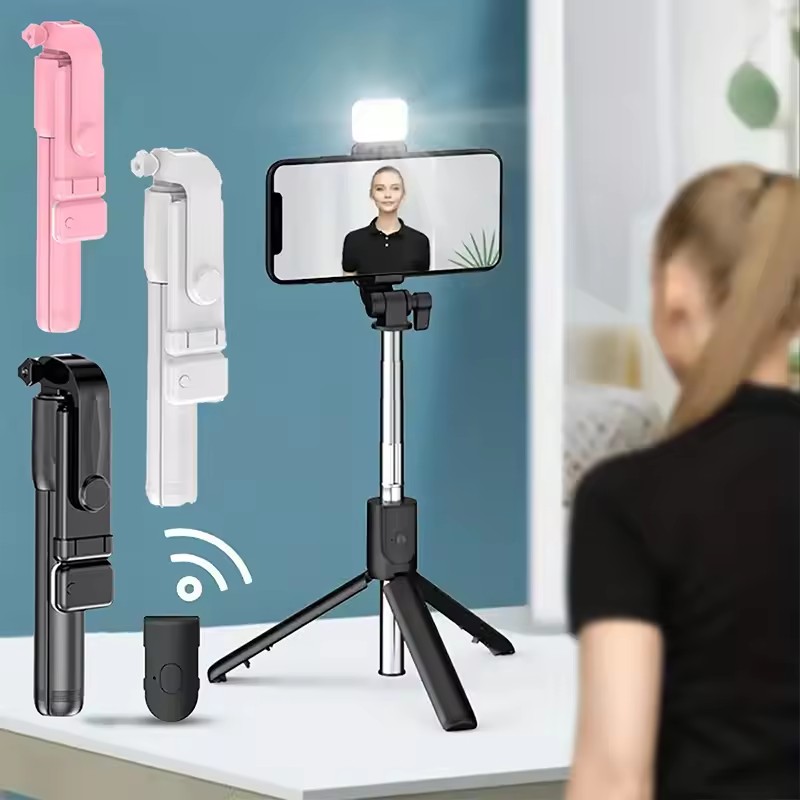 Photography Video Lighting Kit With Adjustable Tripod Stand - Wireless Bluetooth Selfie Stick Tripod with